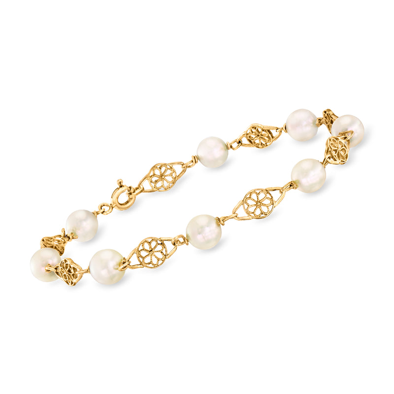 14kt yellow gold station bracelet with round cultured pearls and filigree links