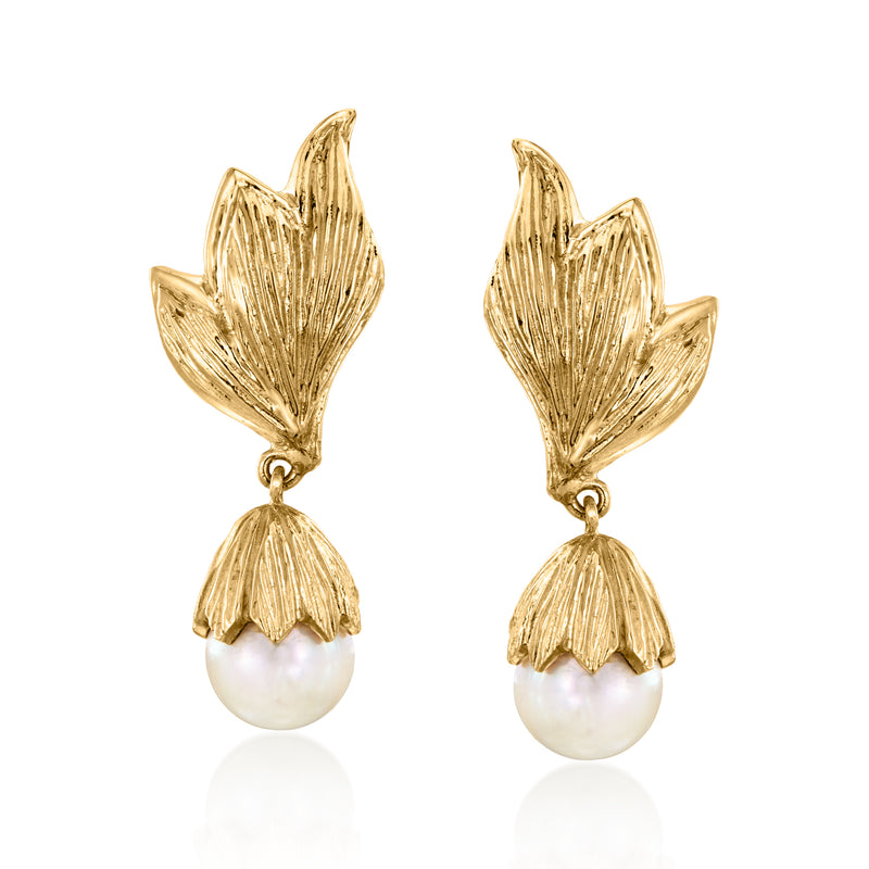 Vintage 14kt yellow gold leaf drop earrings with white pearl dangles