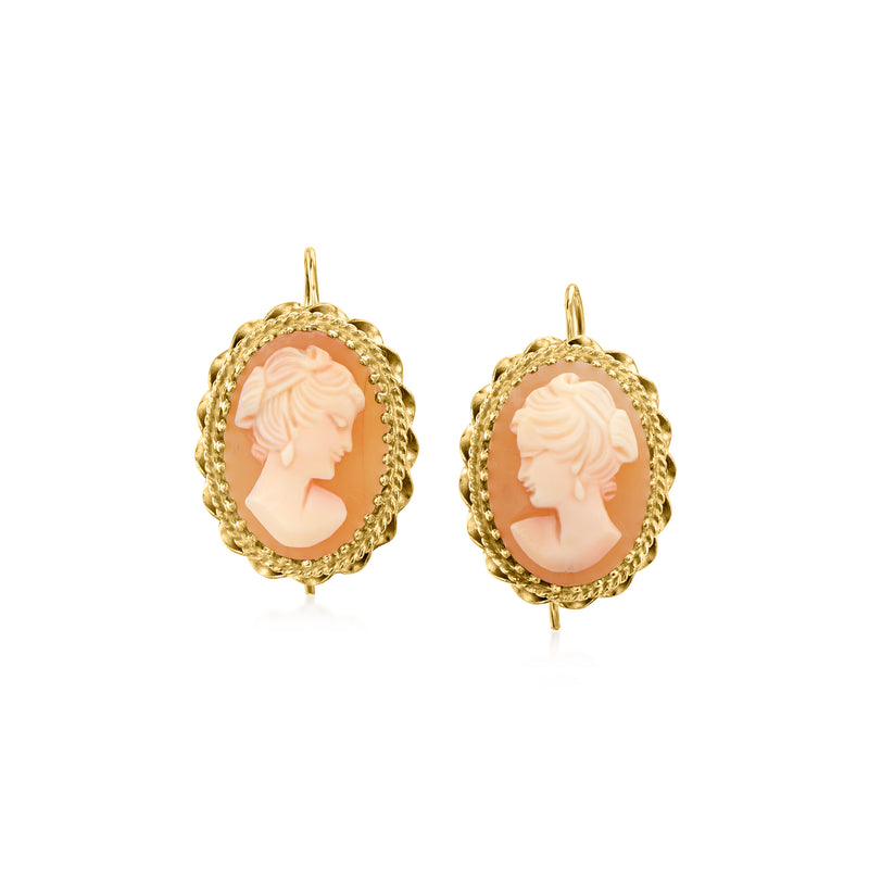 Vintage oval shell cameo earrings, brown-pink portrait in 14kt yellow gold earwires