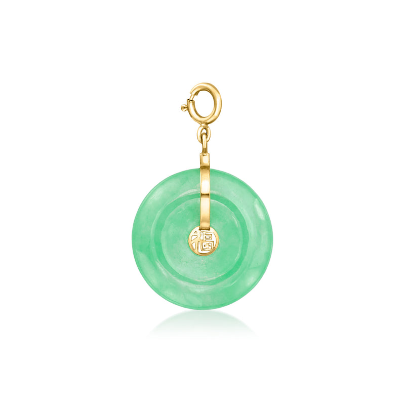 Green jade disc charm with gold loop and drop, 18kt gold over sterling