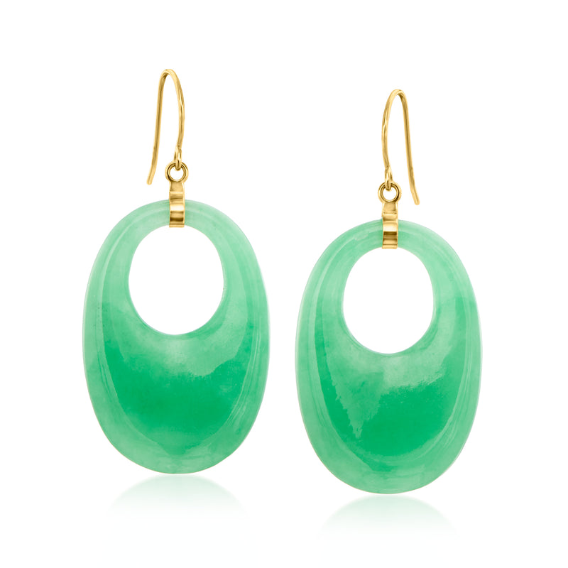 Carved green jade drop earrings with 14kt yellow gold earwires, oval teardrop shape