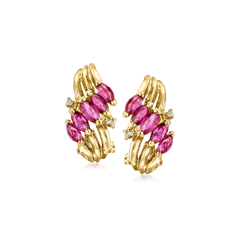 14kt yellow gold hoop earrings with marquise ruby stones and small diamonds