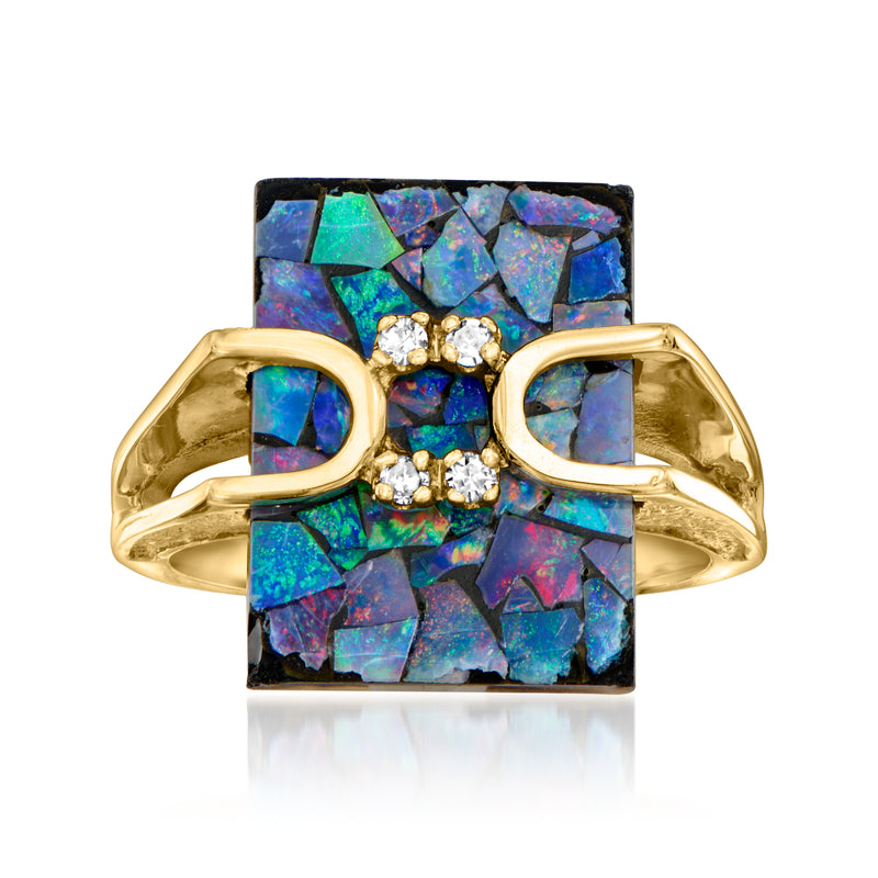 Vintage yellow gold opal mosaic ring with central diamond cluster and open-work sides