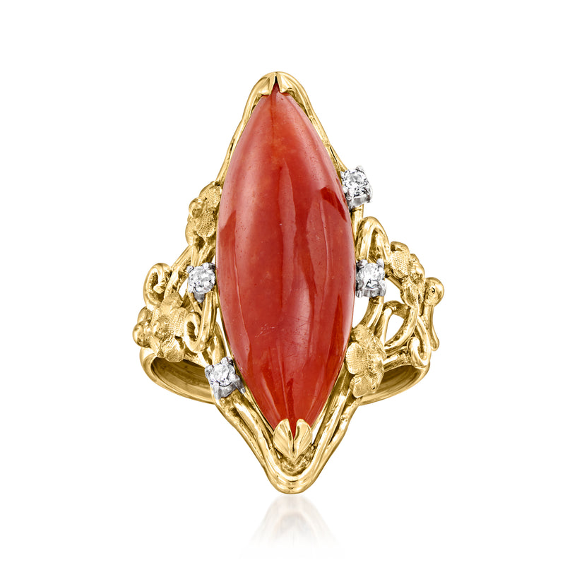 Vintage red jade marquise ring in 14kt yellow gold with round diamond accents