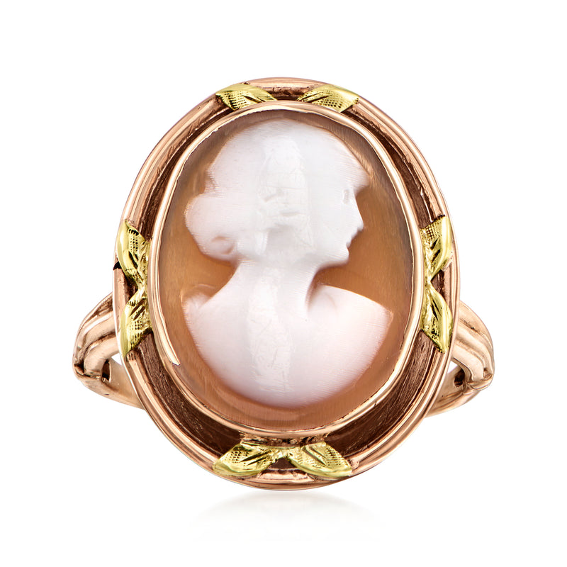 Vintage two-tone gold cameo ring with brown shell oval portrait in bezel