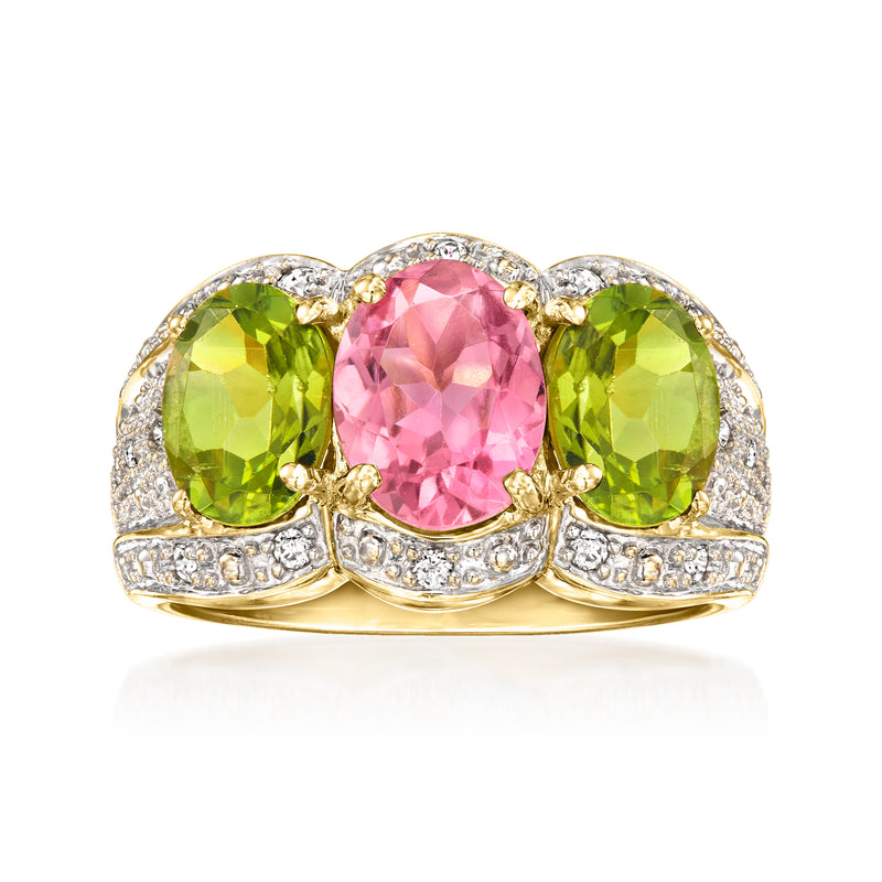 14kt yellow gold tourmaline and diamond ring with pink center and green side stones