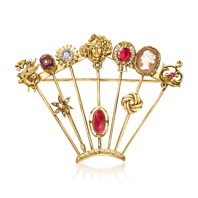 14kt yellow gold fan-shaped stick pin with colorful gemstones and diamond accents