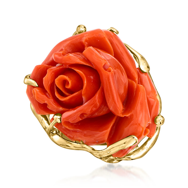 Yellow gold ring with red coral rose centerpiece, scalloped band detail