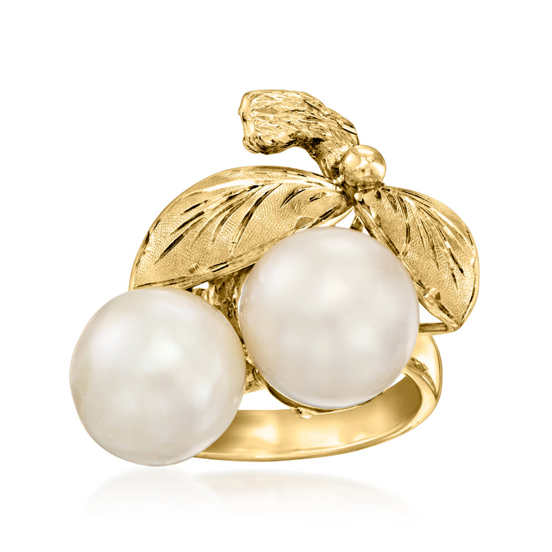 Vintage 10kt yellow gold leaf ring with two cultured pearl cabochons