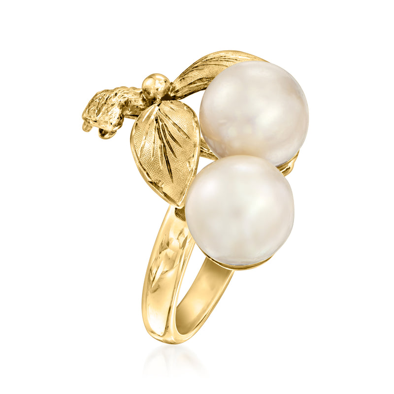 Vintage 10kt yellow gold leaf ring with two cultured pearls, openwork band