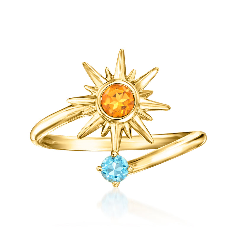 18kt gold over sterling celestial bypass ring with round orange citrine and blue topaz