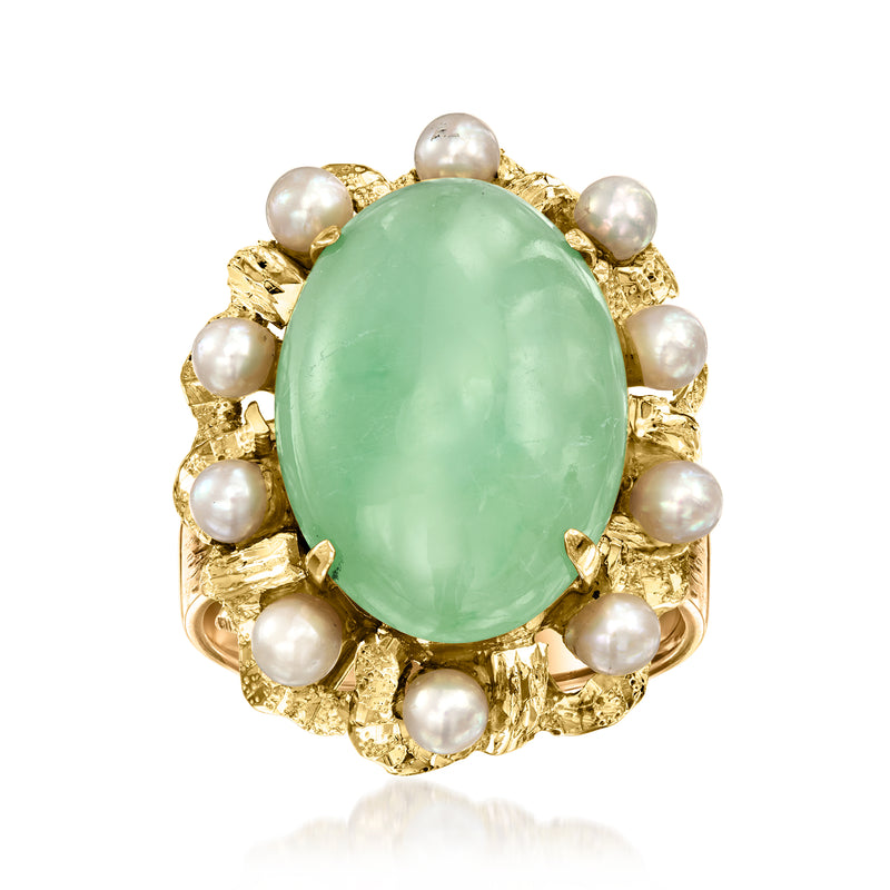 Vintage oval green chalcedony ring with cultured pearls in 14k yellow gold setting