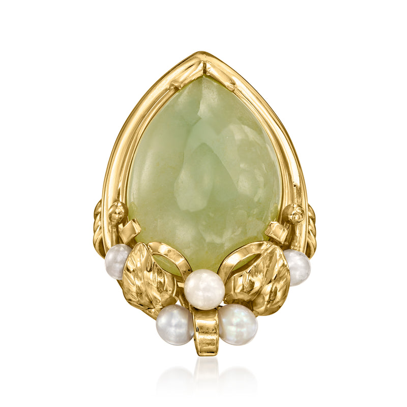 Vintage 14kt yellow gold cocktail ring with green aventurine and white cultured pearls