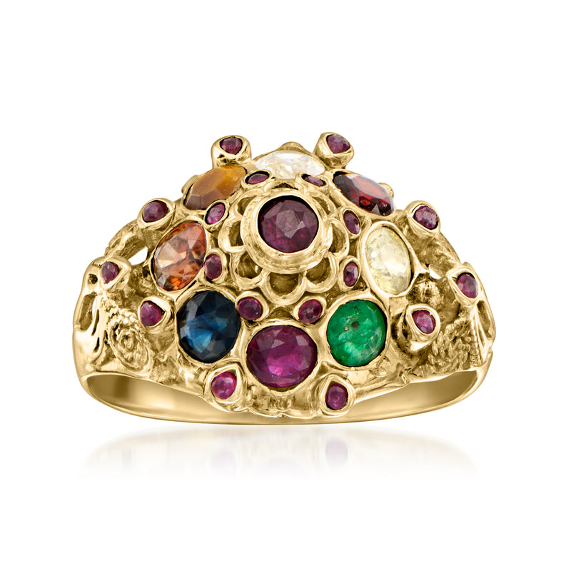 Vintage 14k yellow gold multi-gemstone ring with purple, blue, and green stones.
