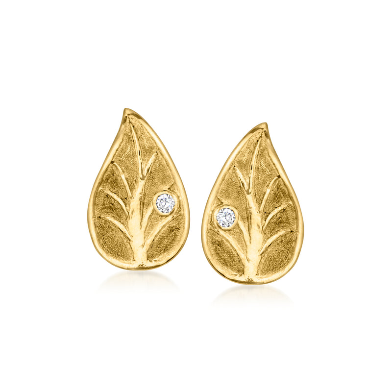 24kt yellow gold leaf clip earrings with small round diamond accents