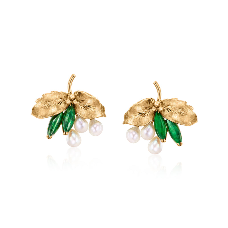Vintage 14kt yellow gold post flower earrings with green jade and cultured pearls
