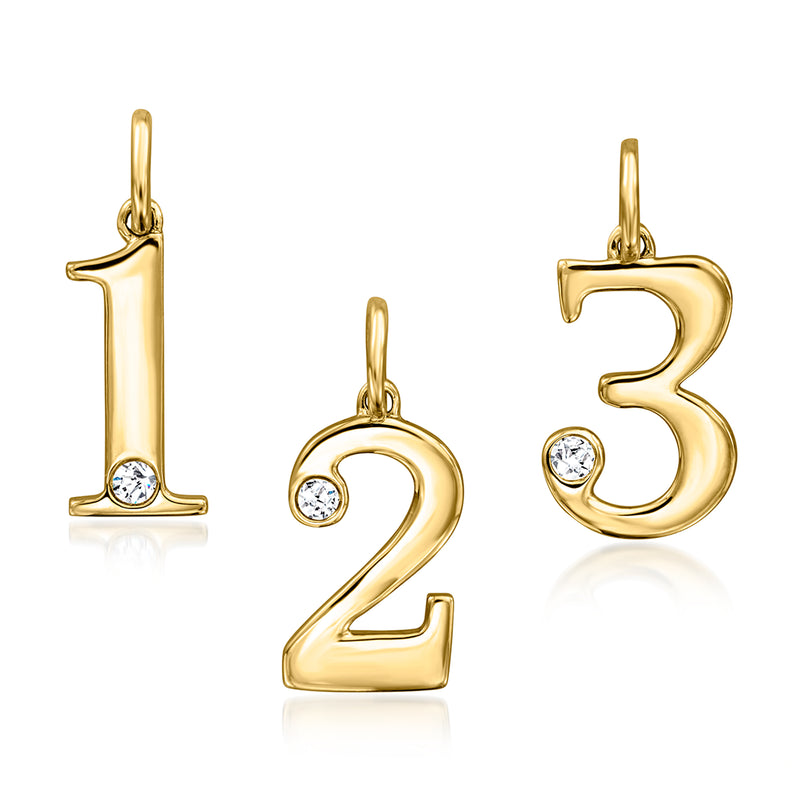 14kt yellow gold number charm with a single diamond, number 1