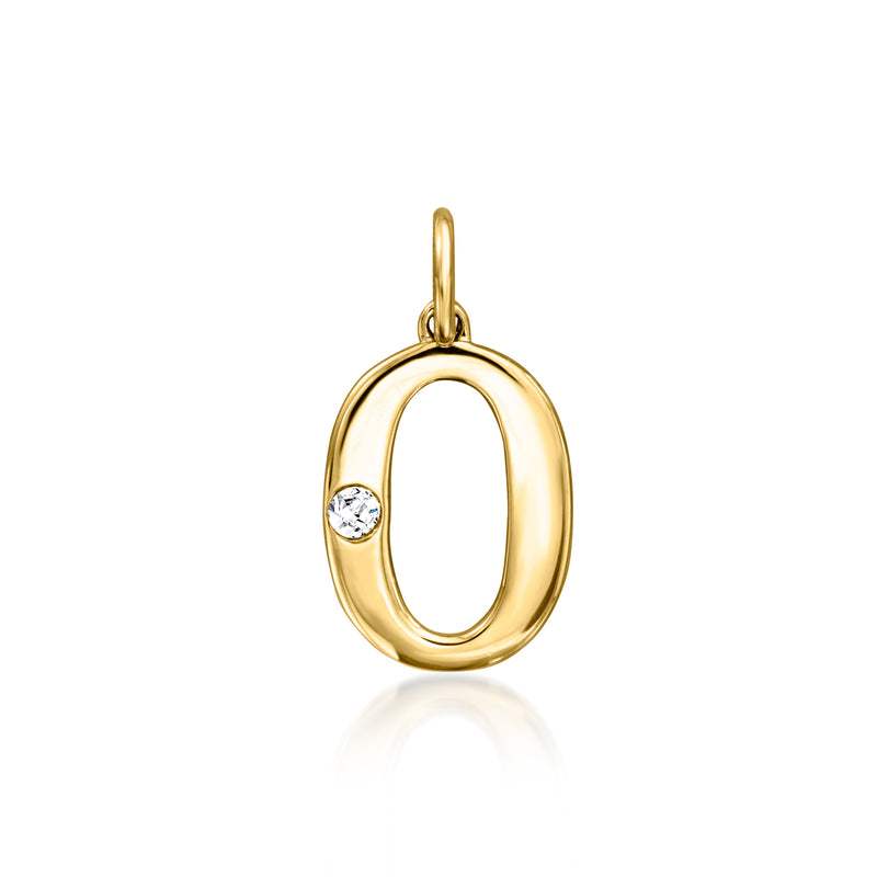 14kt yellow gold number 0 charm with a single round diamond accent