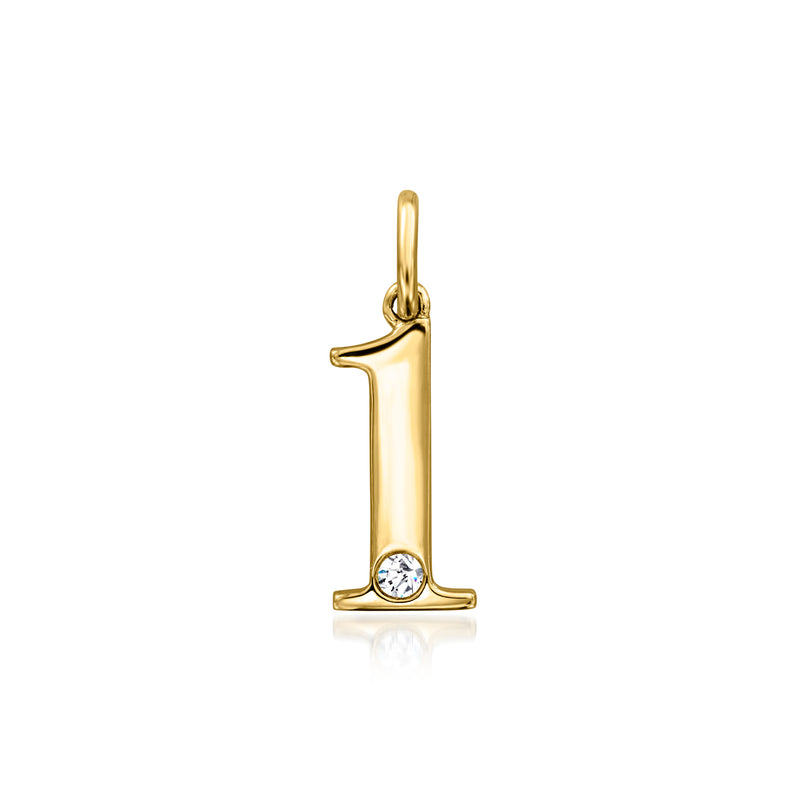 14kt yellow gold number 1 charm with a single round diamond accent