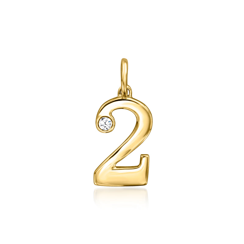 14kt yellow gold number 2 charm with a single round diamond accent