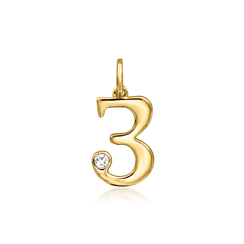 14kt yellow gold number 3 charm with a single round diamond accent