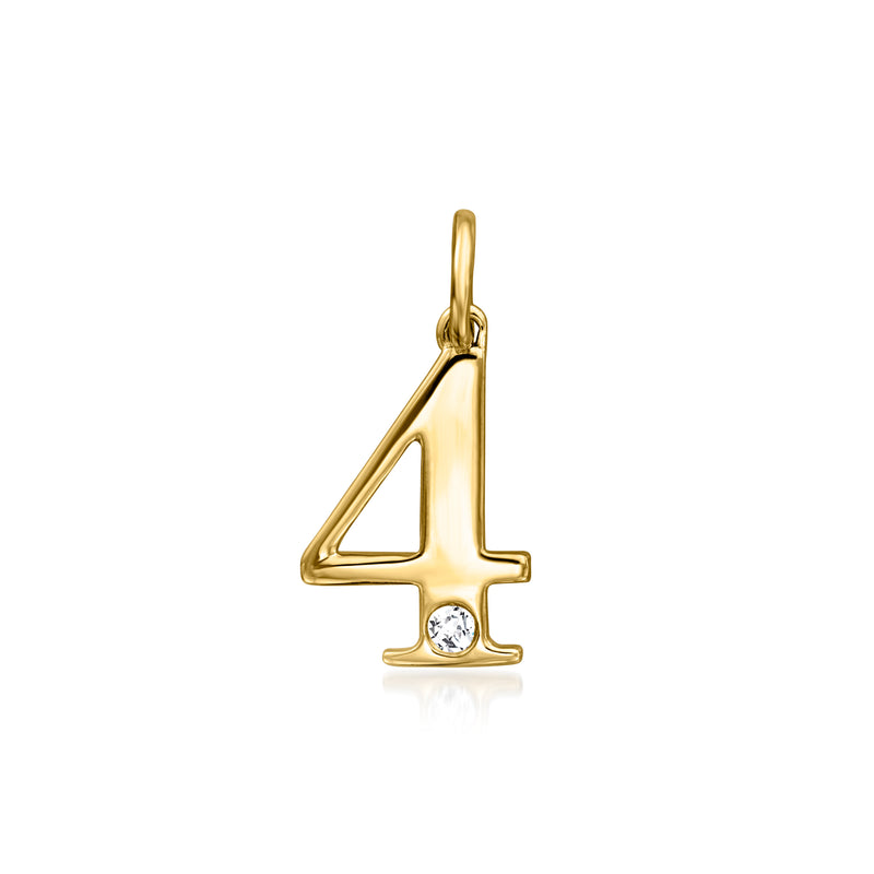 14kt yellow gold number 4 charm with a single round diamond accent