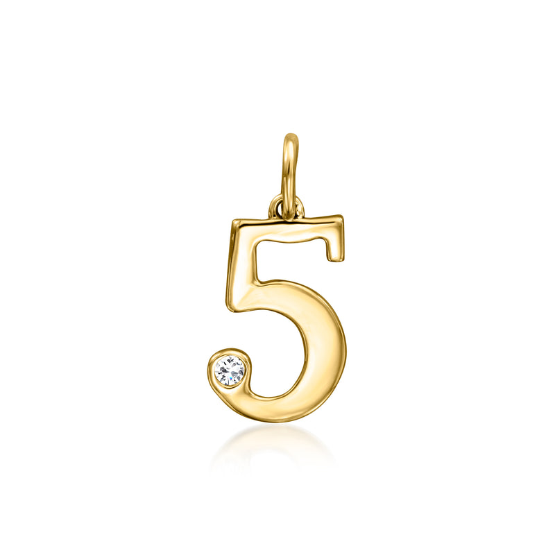 14kt yellow gold number 5 charm with a single round diamond accent
