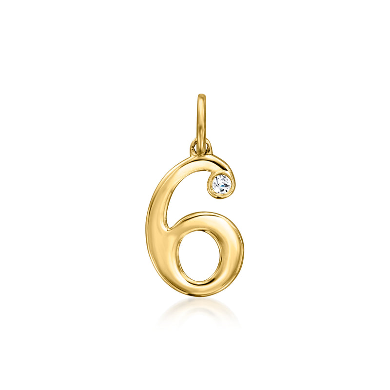 14kt yellow gold number 6 charm with a single round diamond accent