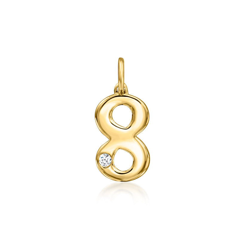 14kt yellow gold number 8 charm with a single round diamond accent