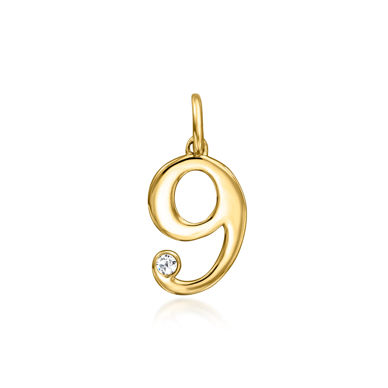 14kt yellow gold number 9 charm with a single round diamond