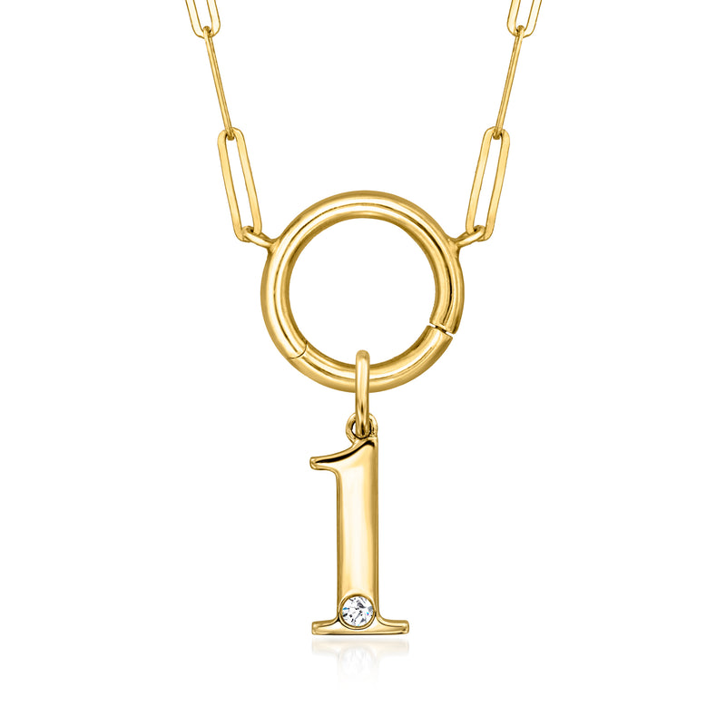 Yellow gold number 1 charm with single round diamond, hanging from chain