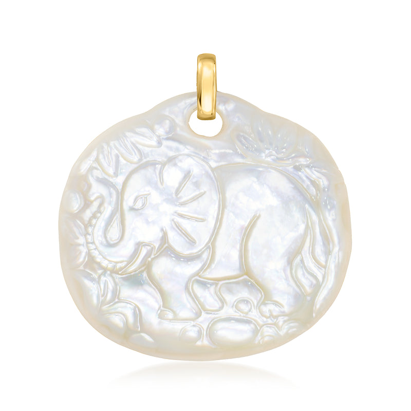 Carved mother-of-pearl elephant pendant with 14kt yellow gold bail