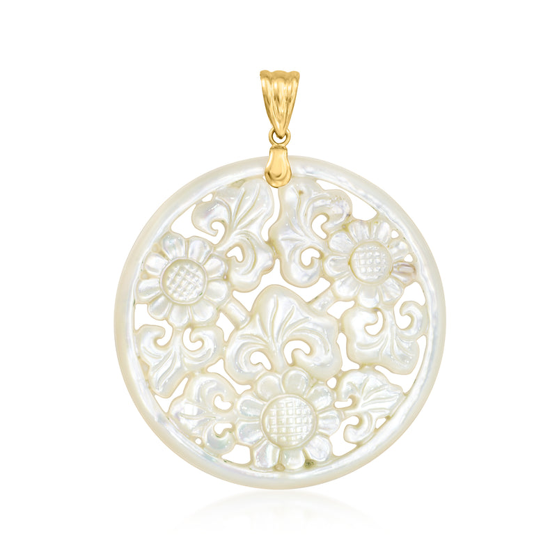 Round mother-of-pearl floral pendant with carved details and 14kt yellow gold bail