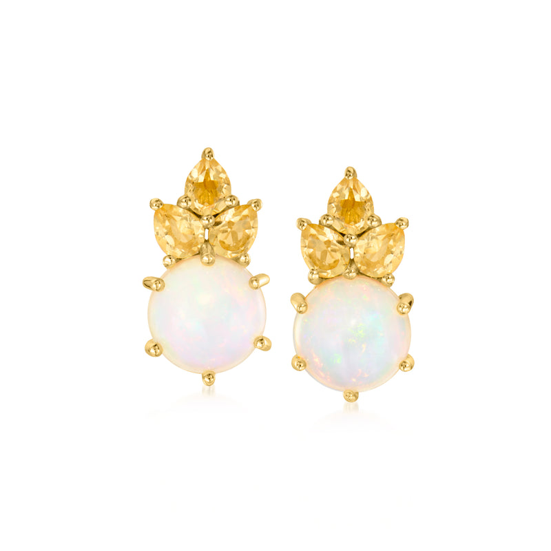 Gold-tone opal and yellow citrine stud earrings, floral cluster with round opal