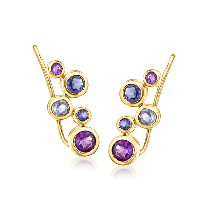Gold ear climber earrings with bezel-set purple and blue round stones