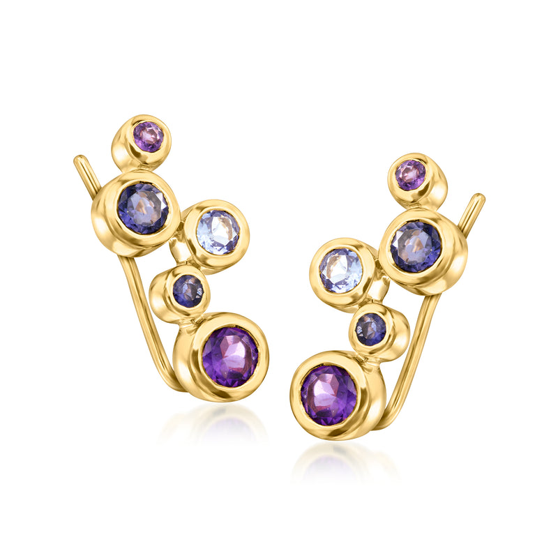 Gold ear climber earrings with mixed purple and blue bezel-set round gemstones