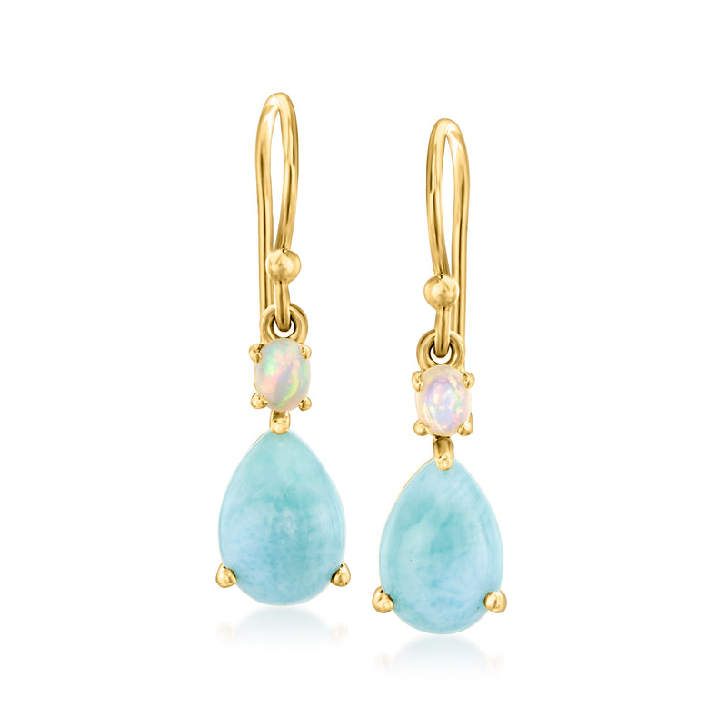 18kt gold over sterling drop earrings with opal and blue teardrop gemstones