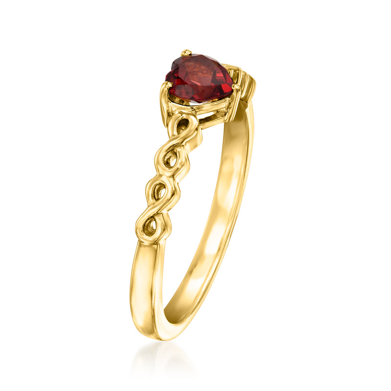 Heart-shaped garnet ring on gold-toned twisted band, side view