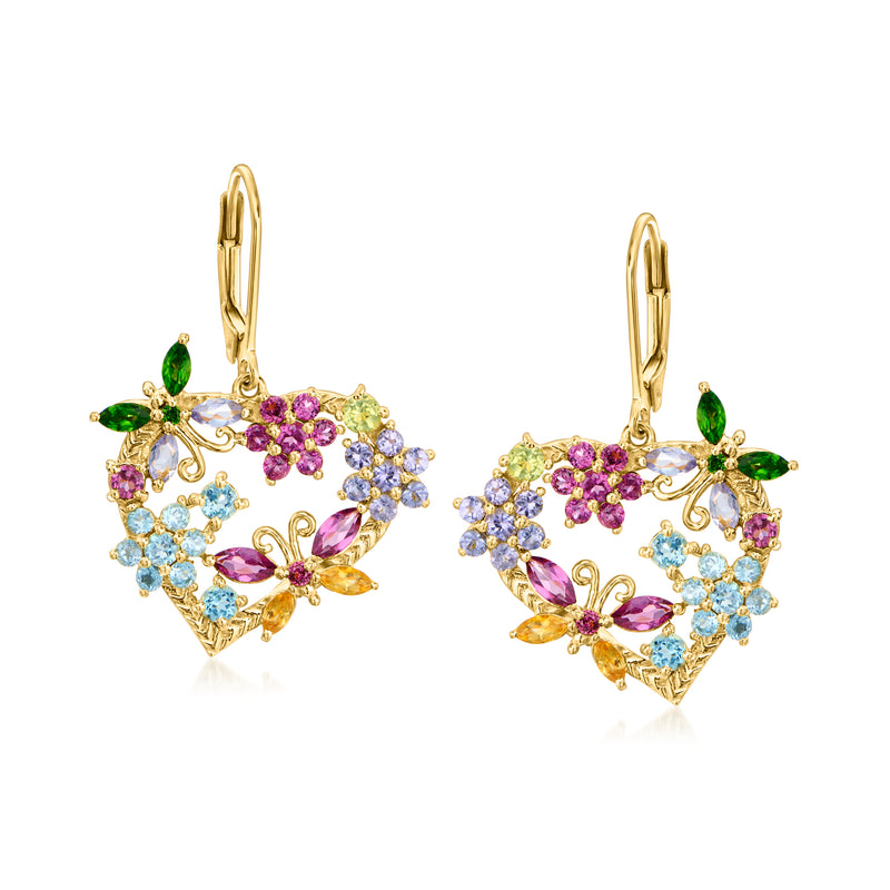Gold heart-shaped drop earrings with multicolor gemstones and leverback clasps