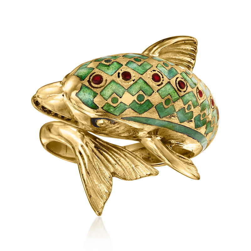 14kt yellow gold dolphin ring with green and red enamel mosaic details