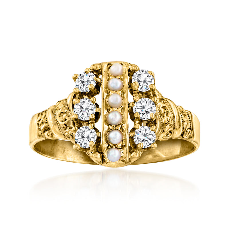 Vintage yellow gold diamond ring with seed pearls, ornate bezel setting
