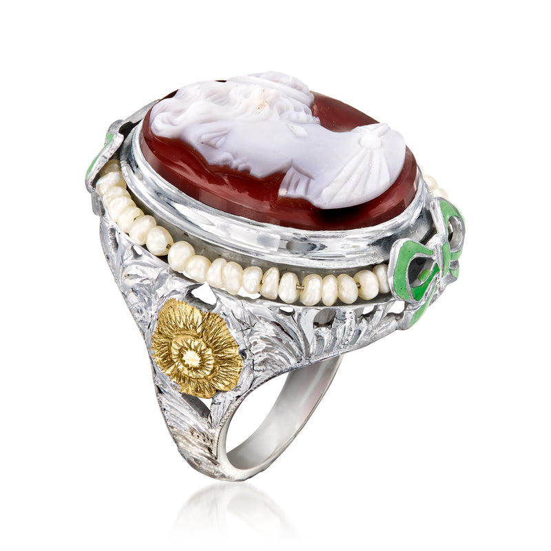 Vintage oval cameo ring with red shell cameo, pearl border, green enamel details