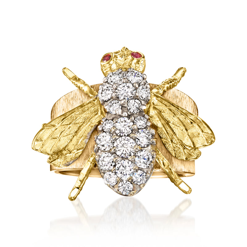 Vintage yellow gold bumblebee ring with diamond body and ruby eyes