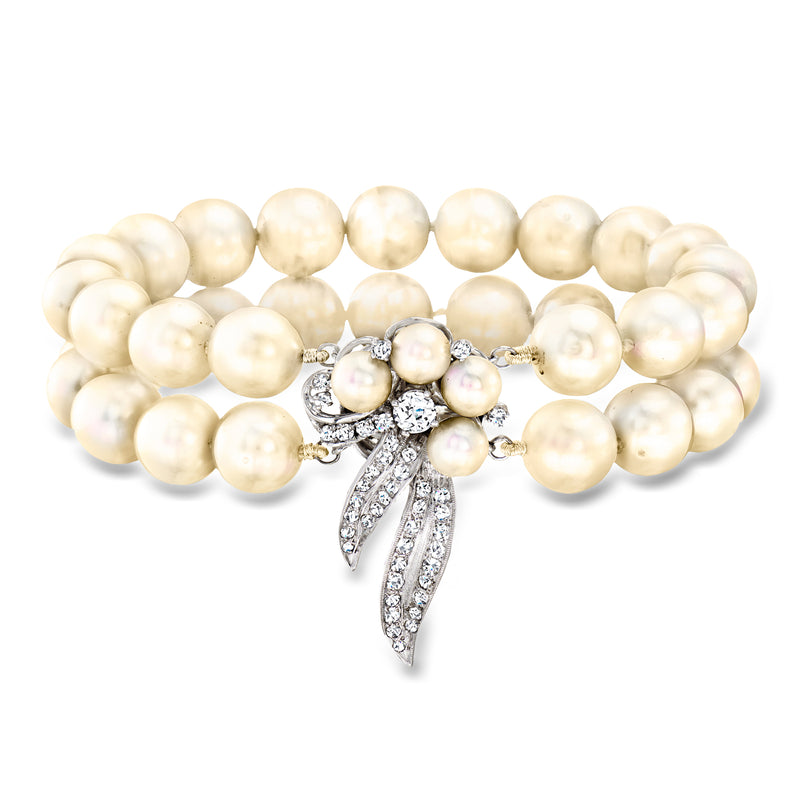 Two-row cultured pearl bracelet with diamond ribbon bow charm, 14kt white gold