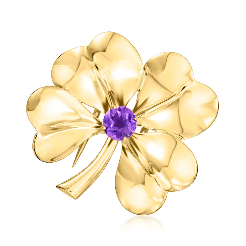 14kt yellow gold clover pin with purple amethyst center stone