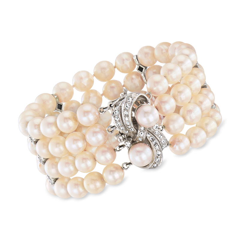Multi-row cultured pearl bracelet with diamond-accented clasp in 14kt white gold