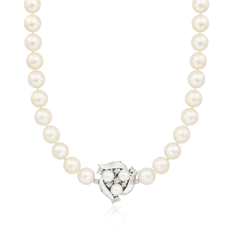 Cultured pearl necklace with diamond cluster clasp and round white pearls