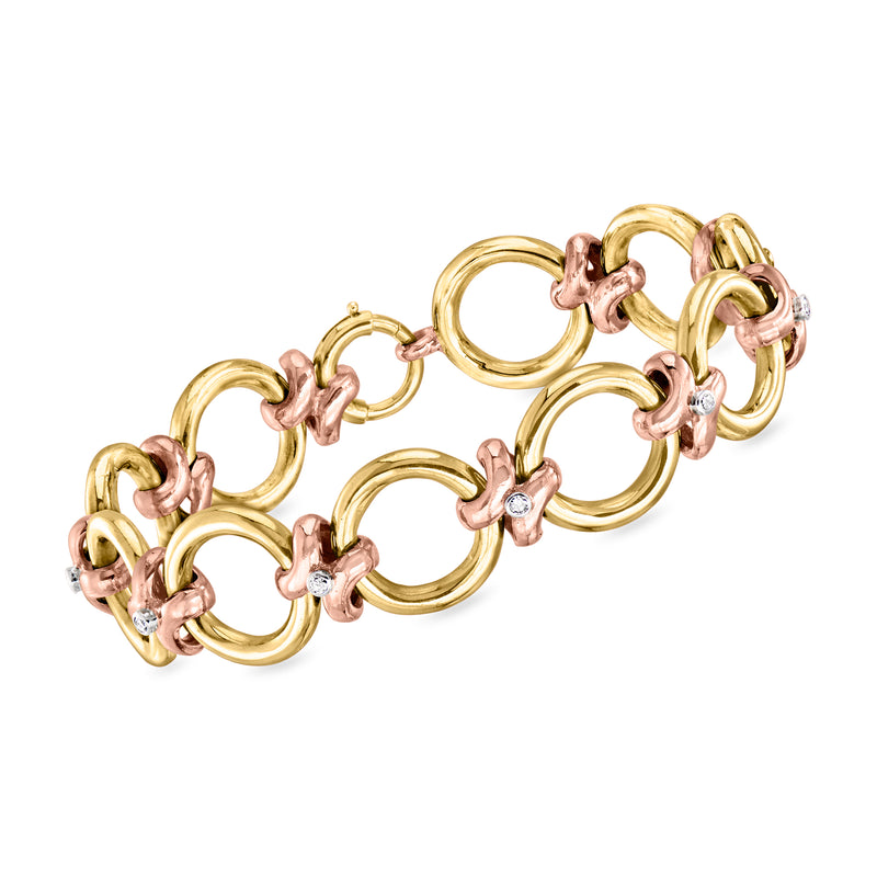 Vintage two-tone gold diamond circle-link bracelet with pink accents
