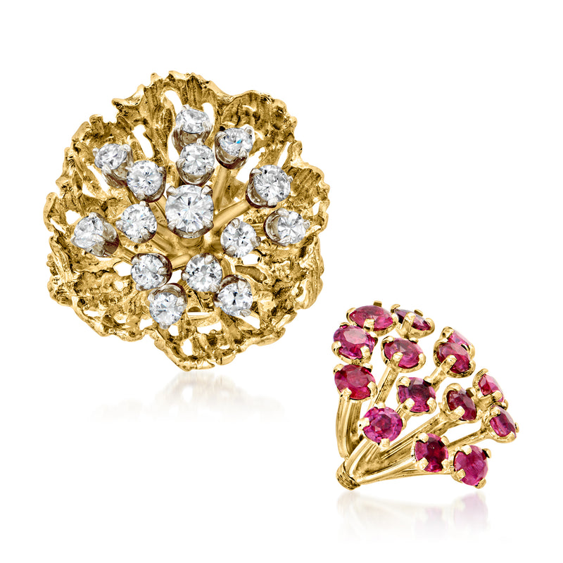 14kt yellow gold flower ring with diamond cluster and detachable ruby insert