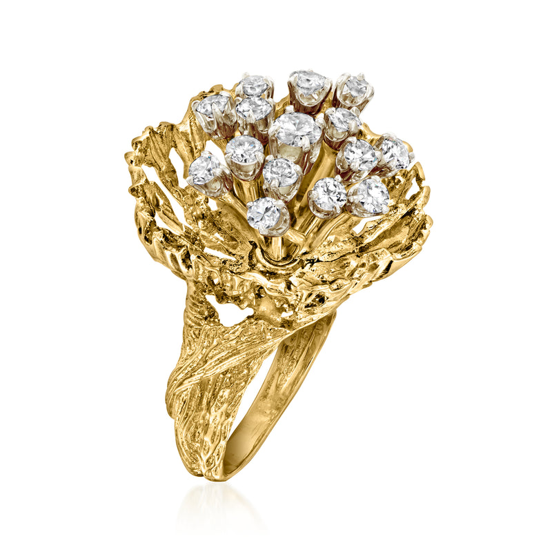 14kt yellow gold flower ring with white diamond cluster and openwork petals